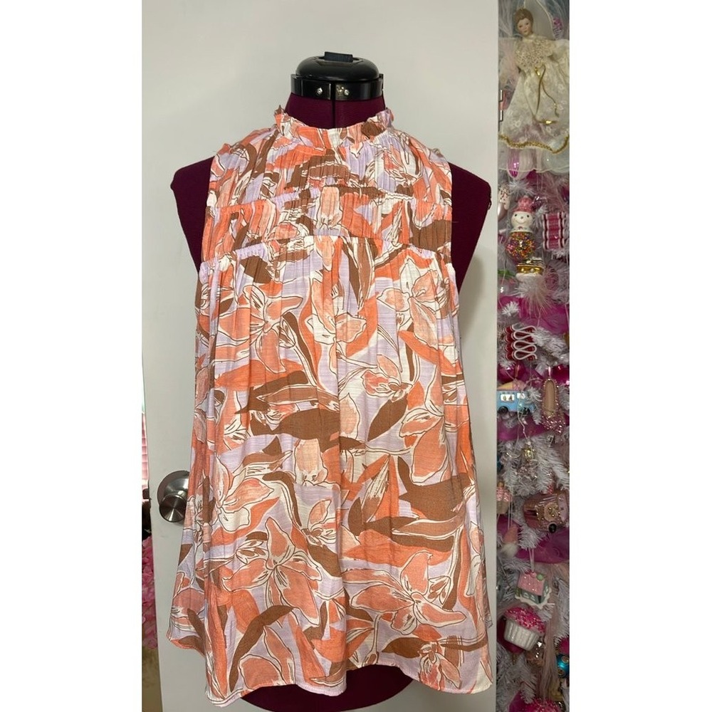 Nine West Blouse Womens Medium Orange Floral Good Sleeveless Ruffle Mock Neck